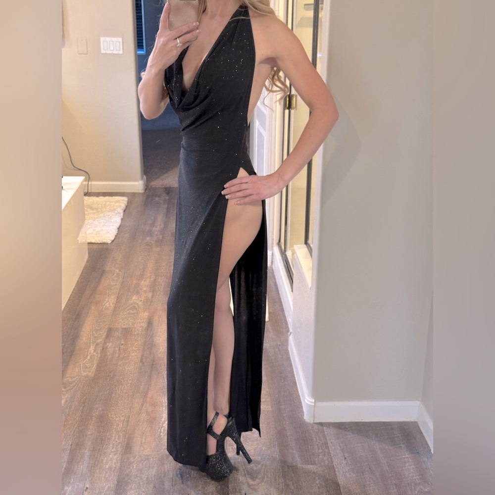 Open side slit drape dress sparkly glitter black, long. Fits S or M.